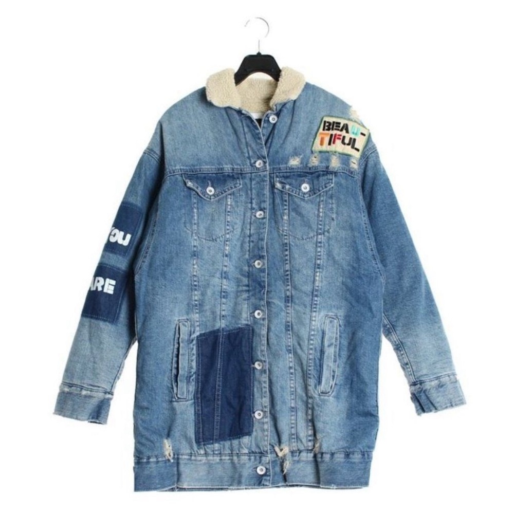 Trafaluc by Zara Sherpa Lined Denim Jacket “No Meaning” Size M